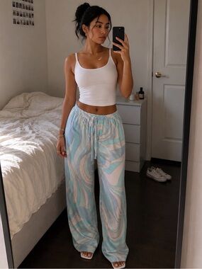 Pastel Swirl Wide-Leg Lounge Pants - Blue & Cream